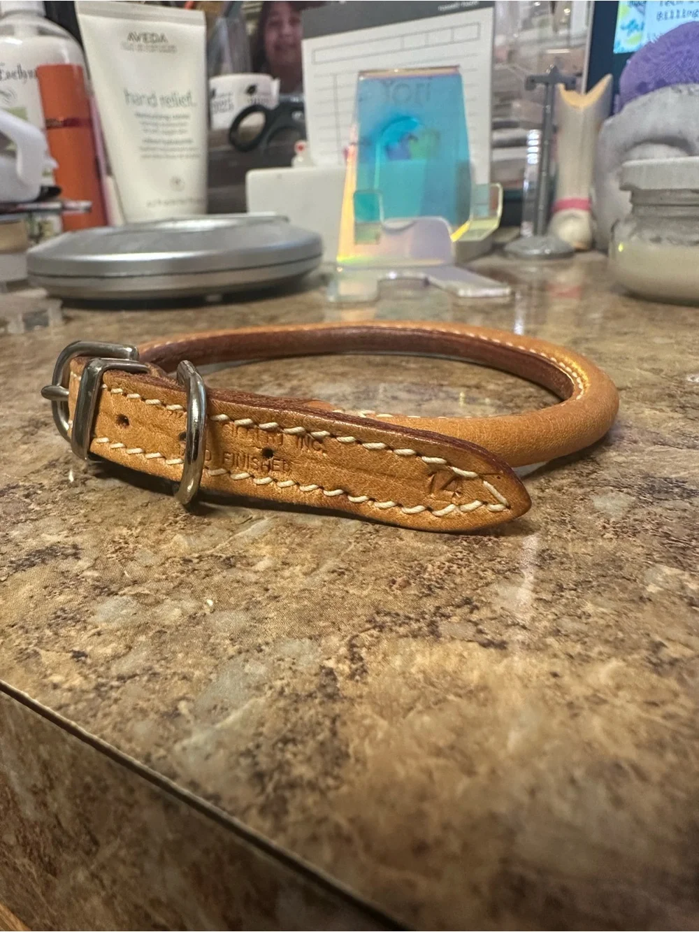 Round Buckle Dog Collar in Tan Leather